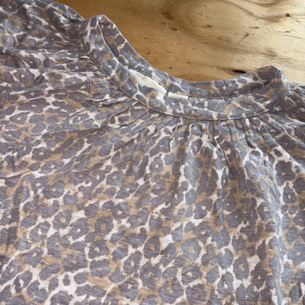 Maeve Anthropologie 100% Linen Leopard Print Ruffle Puff Sleeve Shirt Small